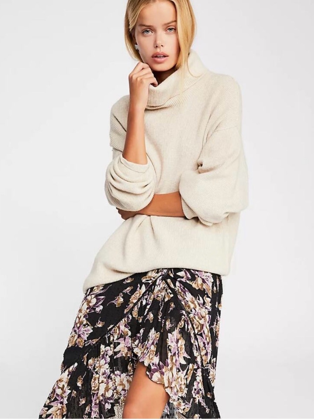 Free People Oversized Ribbed Turtleneck Sweater Oatmeal Beige Size L - Picture 11 of 12